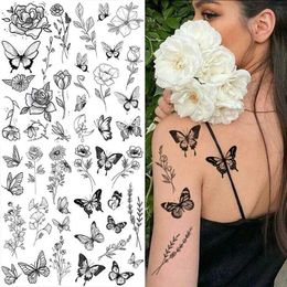 Tattoo Transfer Black Large Flower False Tattoo Sticker For Women Rose Peony Temporary DIY Water Transfer Tattoos Girls Hand back Body Art 240426