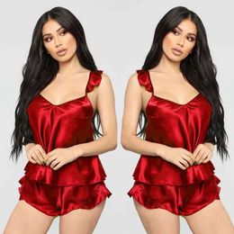 Women's Sleepwear Women Slpwear Babydoll Lingerie Nightwear Shorts Pjama Set Ruffles Solid Satin Silk Lace Homewear S-XXL Y240426