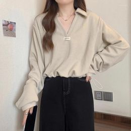 Women's Hoodies Korejepo Lapel Collar Black Top Women Autumn Shirts 2024 Casual Simple Solid Colour Versatile Short Long Sleeved Tops