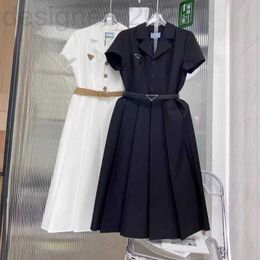 Basic & Casual Dresses Designer Spring/Summer Short sleeved Shirt Spliced with Hundred Pleated Long Skirt Stylish and Fashionable Waist Closing Dress with Belt Skirt