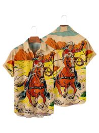 Men's Casual Shirts Hawaiian Cowboy Mens Shirt Cool 3D Digital Print Plus Size Western America Mens Top With Pocket Vintage Style Summer Outerwear 240424