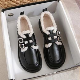 Dress Shoes 2024 Women's Winter Leather Plush Outdoor Boots Fashion Belt Loafers Low Heel Oxford Banquet And Office Wear
