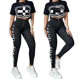 2024 Women's Two Piece Pants Summer Outfits Casual Designer Black Crop Tops and Leggings Set Free Ship