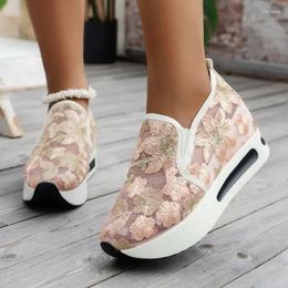 Casual Shoes Mesh High Heel Fashion Sneakers Slip-on Adult Women's On Sale 2024 Solid Spring Embroider Vulcanize