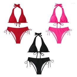 Women's Swimwear Women Sexy Halter Neck Bikinis Set Straps Swimsuits High Cut Thong H58D