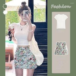 Work Dresses Summer 2000s Vintage Y2k Clothing 2 Piece Skirt Sets Women Casual Crop Top Tshirts Floral Mini Skirts Chic Korean Fashion 2024