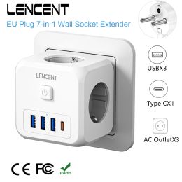 Adaptors LENCENT EU Plug Power Strip with 3 AC Outlets +3 USB Charging Ports+ 1 Type C 5V 2.4A Adapter 7in1 Plug Socket On/Off Switch