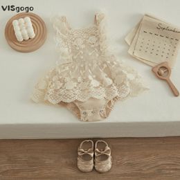 VISgogo Baby Girls Princess Romper Plain Floral Lace Embroidery Skirt Layered Adjustable Straps Snap Bottom Jumpsuit 240411