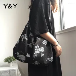Bag Y&Y Ins Retro Lazy Style Imported Denim Fabric Round Corner Underarm Rose Print Handbag Female Shoulder