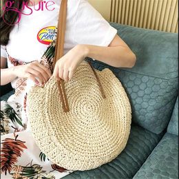 Bag Gusure Women Round Circular Rattan Soild Colour Wicker Straw Woven Shoulder Bags Female's Fashion Travelling