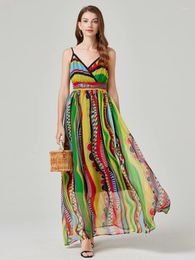 Casual Dresses Summer Sexy V-Neck Sleeveless Beach Silk Flower Print Backless Holiday Spaghetti Strap Maxi Robe Female Clothes Mujers