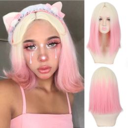 Wigs HOUYAN Synthetic long straight hair women's golden gradient pink bangsfree wig Cosplay Lolita heatresistant party wig