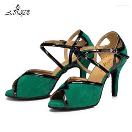 Dance Shoes Ladingwu Green/Black Flannel Soft Bottom Women Sandals Salsa Latin Lady Ballroom Waltz Performance