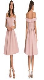 Off The Shoulder Prom Dresses Blush Pink Pleated Knee Length Satin Backless Cocktail Evening Gowns Simple Formal Bridesmaid Dress1615718
