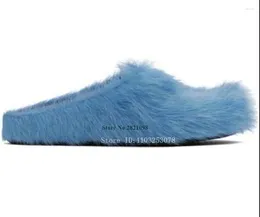 Casual Shoes Blue Long Horse Hair Leather Slip On Sabot Loafers Flats Men Women Round Toe Fur Plus Size 45