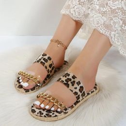 Slippers Ladies Fashion Summer Leopard Print Suede Transparent PVC Metal Chain Flat Bottomed Sandals