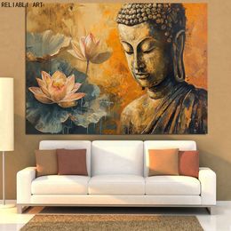 Oil painting of buddha with lotus shades of yellow orange and gold peaceful buddha face in painting,Print Poster,Wall Art Picture Living Room Decor Unframed