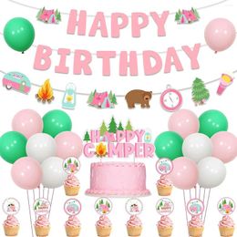 Party Decoration Camper Themed Happy Birthday Banner Garland Cake Toppers For Girls Safari Jungle Fun Adventure Decor