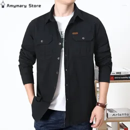Men's Casual Shirts Long Sleeve Shirt Loose Single-breasted Pocket Office Commuter Tooling Tops Solid Color Military Tactical T-shirt