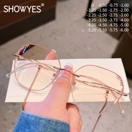 Lenses Oversized Anti Blue Light Philtre Rimless Glasses Myopia Women Prescription Gold Pearl Chain Accessories Lady Zero Eyeglasses