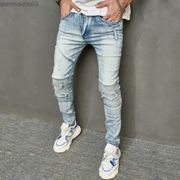 Men's Jeans Mens Bicycle Jeans Tear Splice Mens Fashion Street Style Distressed Holes Mens Tight Pencil Denim PantsL2404