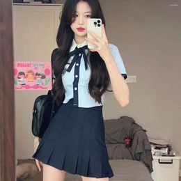 Work Dresses Korean Pure Sexy Girl College Style Suit Women's Summer Blue Shirt A-line Pleated Skirt Two-piece Set Fashion Female Clothes