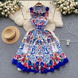 Casual Dresses Summer Blue And White Porcelain Tank Dress Women's Lapel Sleeveless Single Breasted Floral Print Belt Beach Party Vestido