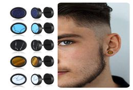 MENS SCREW STUD RETRO TIGEREYE STONE EARRING STAINLESS STEEL PLUG BARBELL EARRINGS STUDS PAIR OF 10MM281c5178019