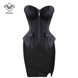 Corset Sexy Corsets and Bustiers Burlesque Black Stripe Corset with Skirt Zipper Lace Up Corsages Sexy Corselet Plus Size S-6XL171e