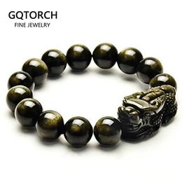 Natural Obsidian Beads Bracelet Gold Colour Energy Stone Hand String Pixiu Lucky Brave Troops Women Men Jewellery 240410