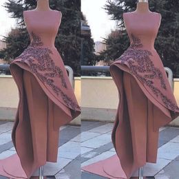 Long Elegant Crew Jumpuit Neck Dresses 2020 Lace Applique Beaded Ruched Dubai Arabic Formal Party Prom Evening Gowns Robe De Soiree