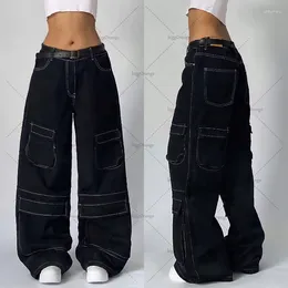 Women's Jeans Tie Street Vintage Cargo Y2k Japanese Wash Multi-pocket Fashion Baggy High Waist Straight Leg Daddy Pants