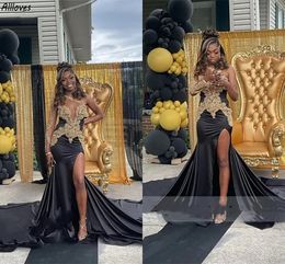 Sexy Black Mermaid Evening Dresses Aso Ebi Gold Lace Appliques One Shoulder Long Sleeve Formal Party Gowns Sexy Thigh Split Women Second Reception Prom Dress CL3531