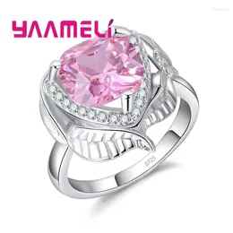 Cluster Rings Big Square Pink CZ Cubic Zircon Promise Ring For Women Wife Anniversary Gift Fine 925 Sterling Silver Party Accessory