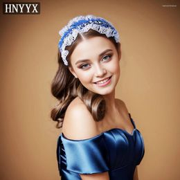 Hair Clips HNYYX Crystal Beaded Headband Blue Wide Rhinestone Hoop Vintage Elegant Accessories Wedding Party Piece A44