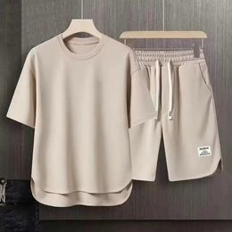 Mens Korean Fashion Waffle Two Piece Set Summer Short Sleeved T-shirt And Shorts Loose Sets Men Designer Clothes Tracksuits 240416