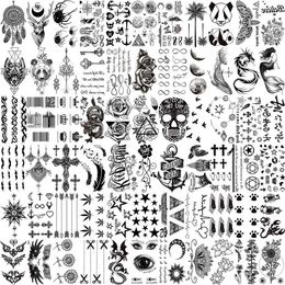 Tattoo Transfer 66 Sheets Small Black Temporary Tattoos For Women Men Face Neck Fake Tattoo Sticker Realistic Skull Flower Star Tatoos Kits Fun 240426