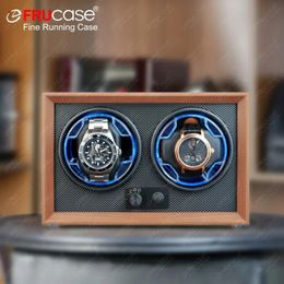 FRUCASE Double Watch Winder for Automatic Watches 2 Box Jewellery Display Collector Storage Wood Grain with Light 240412
