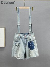 Women's Jeans Loose Light Blue Ripped Denim Suspender Short Pants 2024 Summer Fashion High Waist Rhinestone Embroidered Strap Shorts