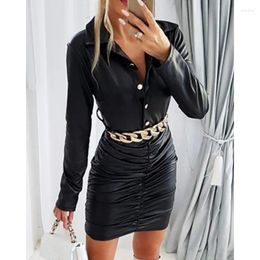 Casual Dresses Leather Pleated Chain Stitching Dress Autumn Winter Shirt Women Single-Breasted Long Sleeve Turn-down Collar