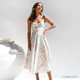 Basic Casual Dresses Summer Dress Low-cut Floral Print V-neck Backless Sleeveless Dress-up Loose Hem Lave Up A-line Lady Ball Dress Female Clothes