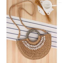 Totes Simple Style Semicircle Hand Carrying Straw Sewing Natural Shell Holiday Woven Vacation Women's Bag