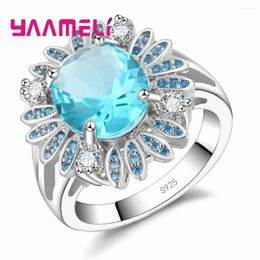 Cluster Rings Brand Blue Crystal Flower Shape For Girls Birthday Lover's Gifts Fashion Wedding Engagement 925 Sterling Silver Ring