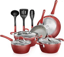 Cookware Sets Non-Stick Kitchenware Pots & Pans-11 Pcs. Stylish Kitchen Set W/Elegant Diamond Pattern Grey Inside Red Outside Metal