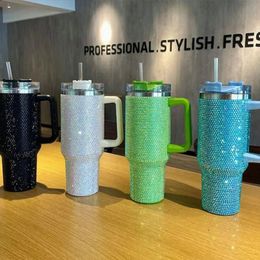 40oz Shiny Diamond Tumble Coffee Insulation Cup Stainless Steel Car Bottle Straw Large Capacity Rhinestone 240425