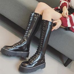 Boots 2024 Winter Warm Platform Pumps Shoes Women Lace Up Patent Leather Knee High Snow Female Thigh Round Toe Casual