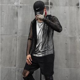 Nightclub DJ singer sexy mesh hip hop punk rock t shirt long tops with waist rope mens harajuku gothic hooded tee shirts cloak 240417