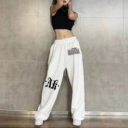 Hip Hop Streetwear Womens Dance Sweatpants Korean Spring Summer Print Drawstring Elastic Waist Loose Sports Wide Leg Trousers 240425