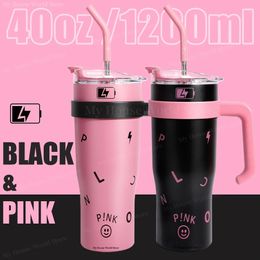 40oz Stainless Steel Car Mug with Handle Straw Double Wall Thermal Travel Cup Vacuum Insulated Coffee Flasks Drinking Kettle 240425