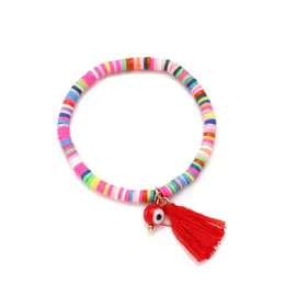 Charm Bracelets Vinyl Accent Polymer Clay Discs Beads Heishi Tassel Eyes Stretch Bracelet Women Boho Colorful Glass Evil Pendant Jewelry